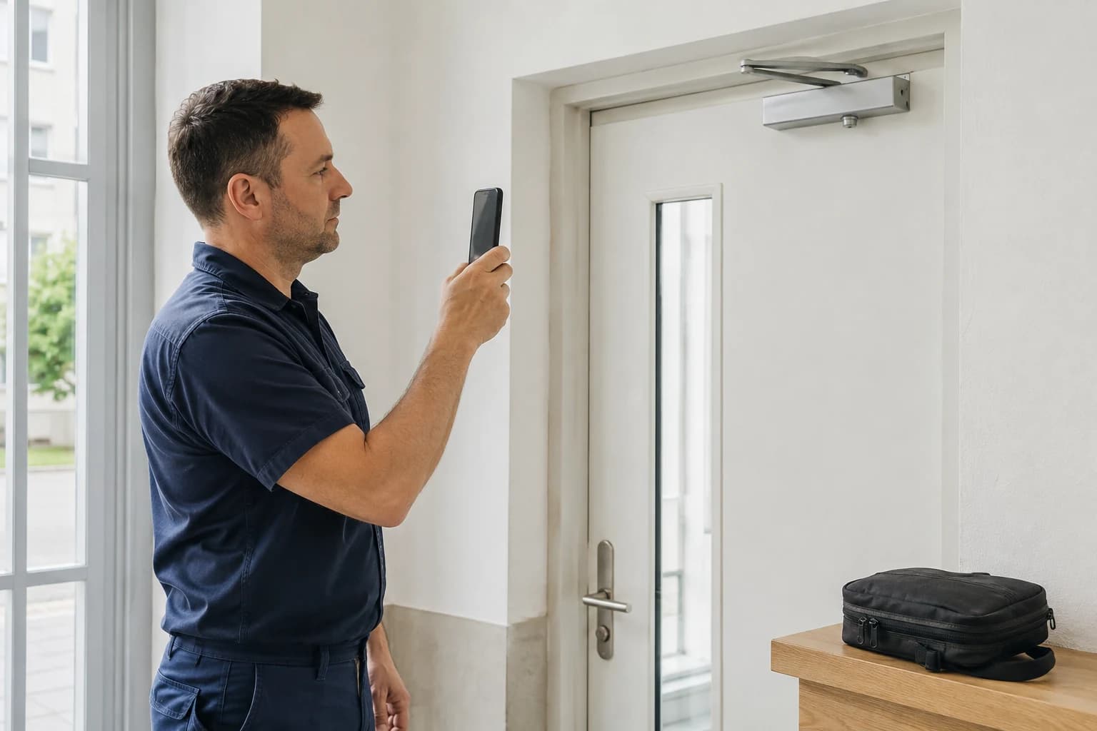 Technik se dívá do telefonu u dveří s dovíračem. Vedle má brašnu s nářadím.